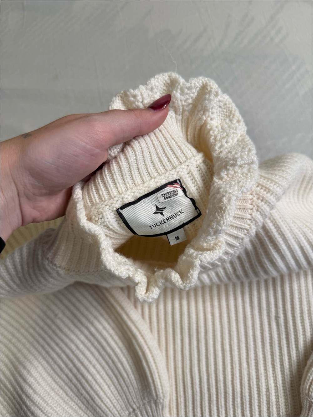 Classic Ivory Ruffle Neck Ribbed Sweater - Picture 4 of 5